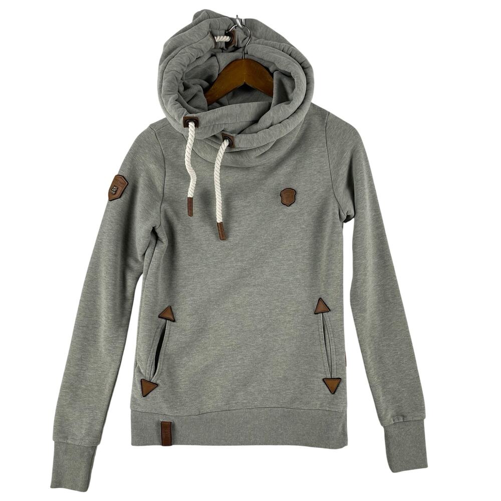 Naketano Womens Cross-Over Funnel Neck Hoodie SZ M Heather Gray Owl Badge